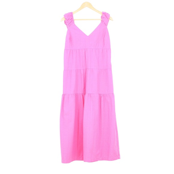 Old Navy Dresses & Skirts - Old Navy Pink Seersucker Tiered Maxi Dress Ruffle Tie Back V-Neck M